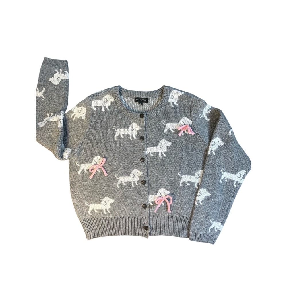 Agua Blues Girls Gray Dachshund Dog Print Bow Cardigan Sweater Size Juniors M